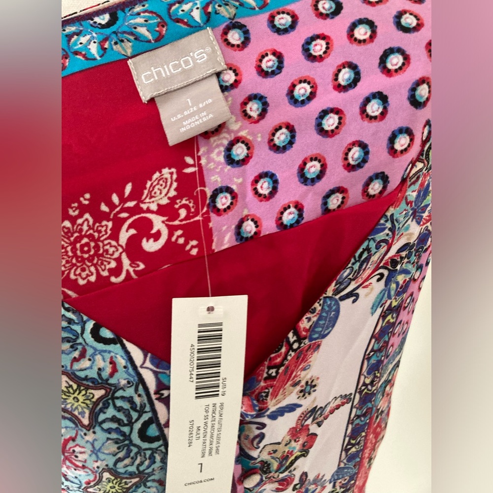 NWT Chico’s Patchwork Peplum Flutter-Sleeve Top S… - image 9